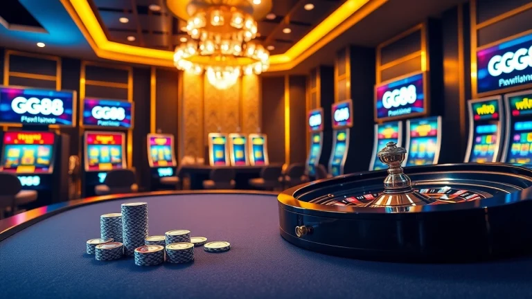 Experience excitement at GG 88 with a dazzling casino gaming scene featuring poker chips and roulette.
