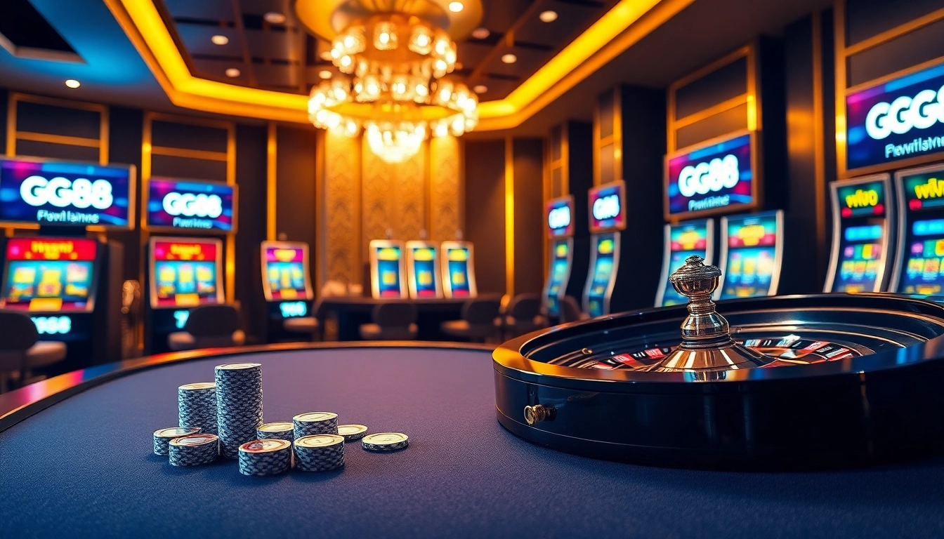 Experience excitement at GG 88 with a dazzling casino gaming scene featuring poker chips and roulette.