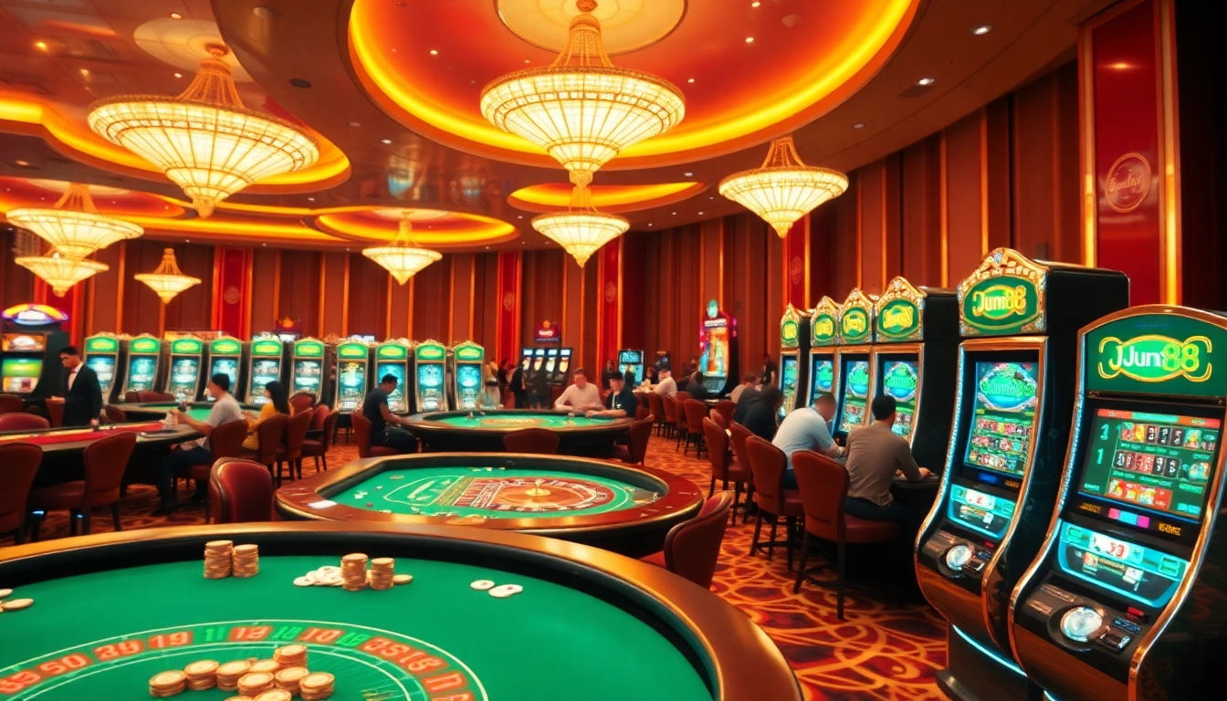 Experience the excitement of Jun88 Casino with vibrant tables and engaging players in a luxurious atmosphere.