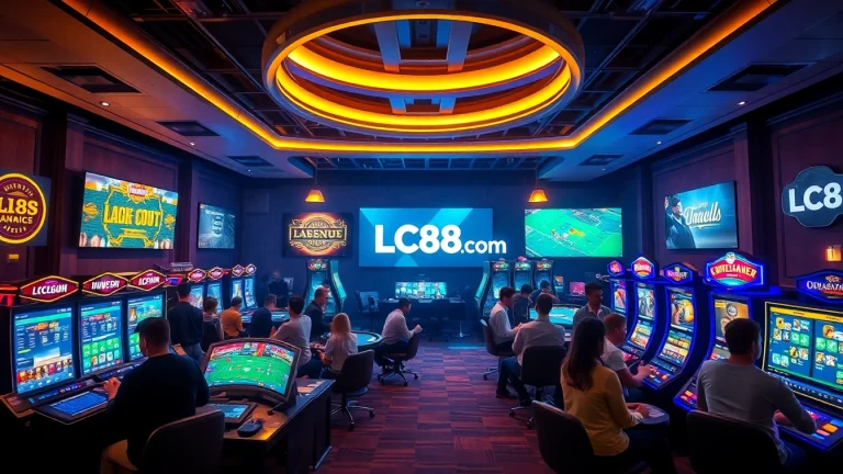 Experience the excitement of LC88 Com's online gaming platform with vibrant visuals of diverse players and modern technology.