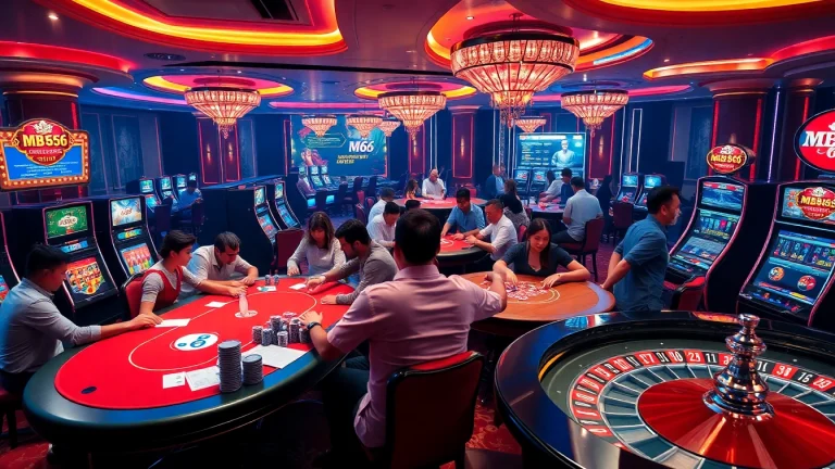 Players enjoying their thrilling moments at MB 66 casino tables filled with poker chips and slot machines.