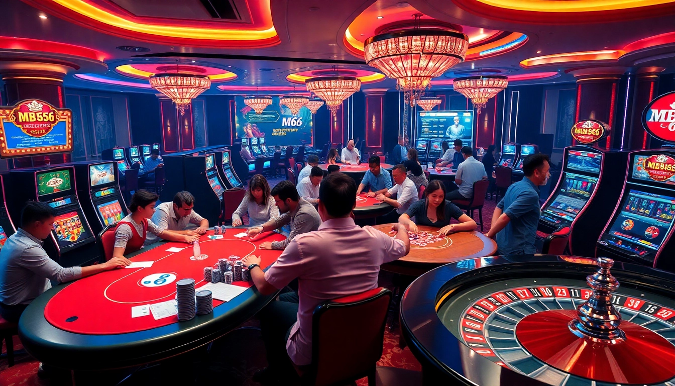 Players enjoying their thrilling moments at MB 66 casino tables filled with poker chips and slot machines.