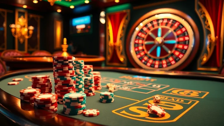 Engage with link 98win at a luxurious casino blackjack table with chips and dice.