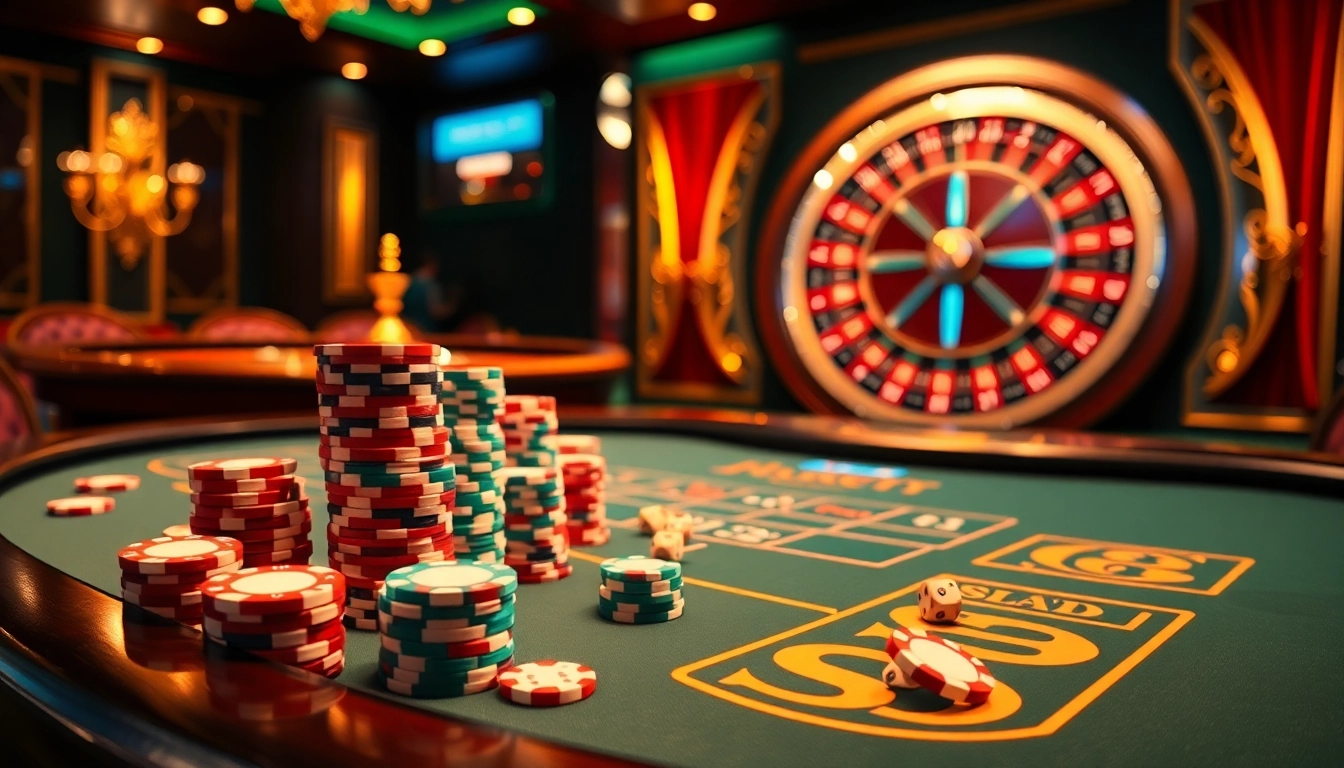 Engage with link 98win at a luxurious casino blackjack table with chips and dice.