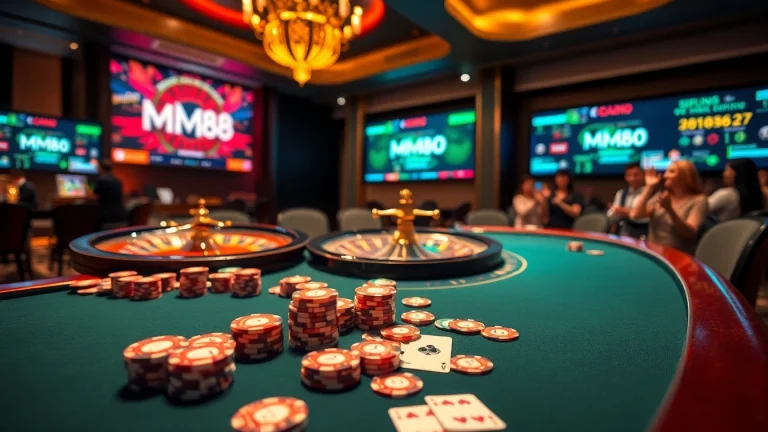Experience the thrill of online gambling at https://mm88.bar/ with a luxurious poker scene featuring vibrant tables and eager players.