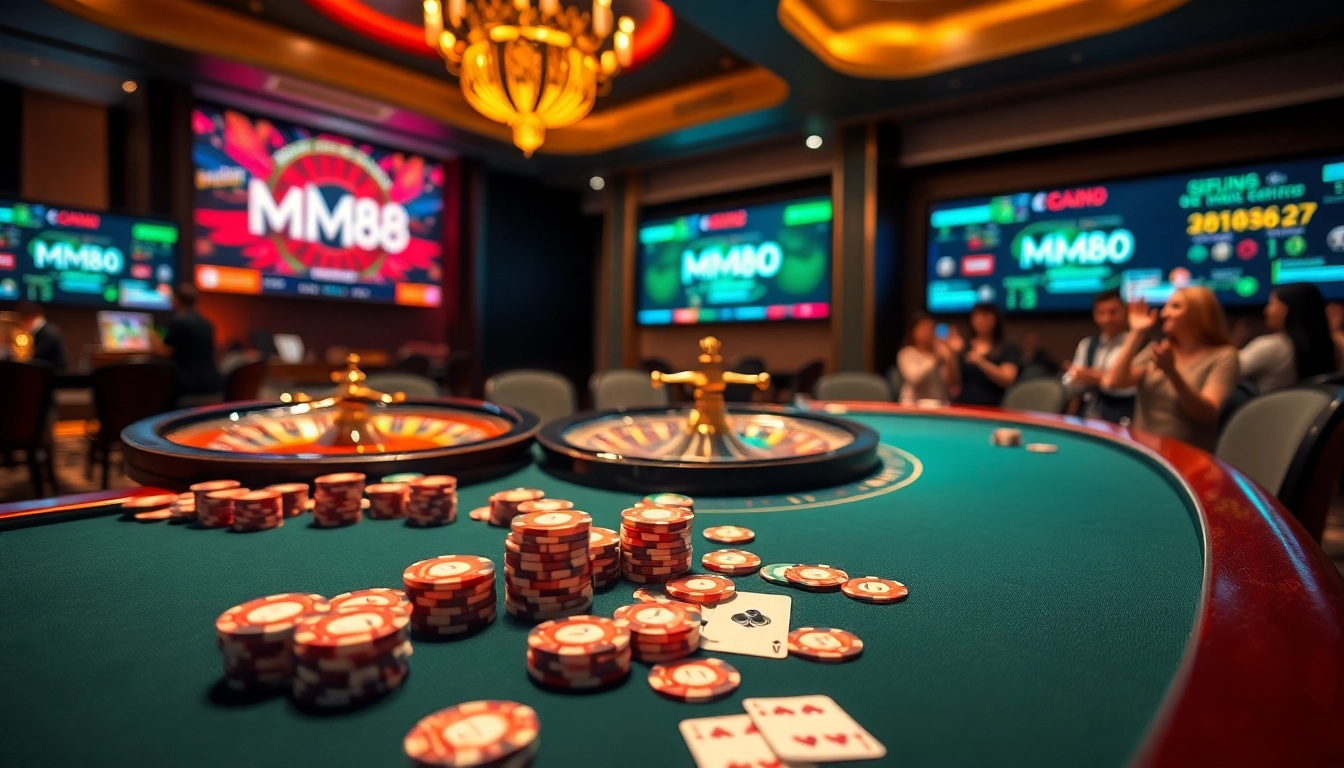 Experience the thrill of online gambling at https://mm88.bar/ with a luxurious poker scene featuring vibrant tables and eager players.