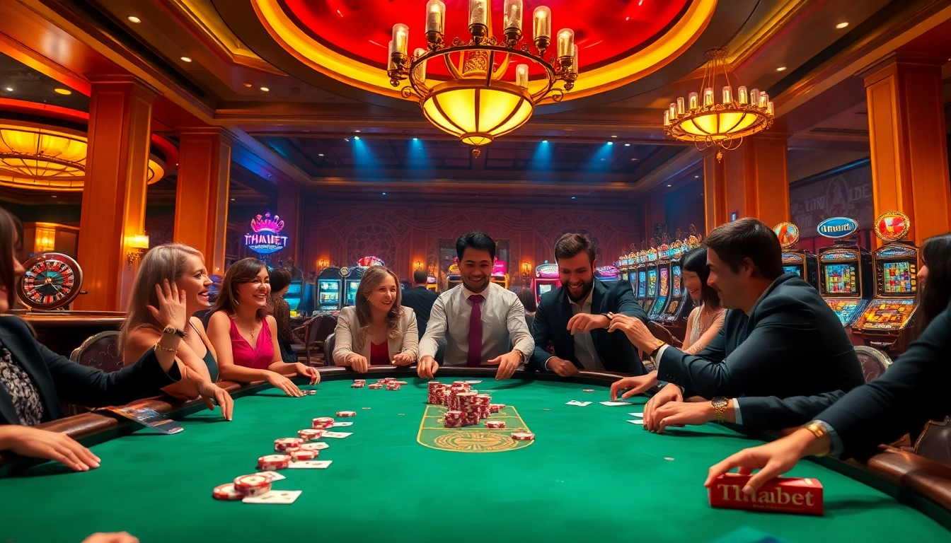 Players engaging in an exciting poker game at thabet casino, with vibrant casino elements around.