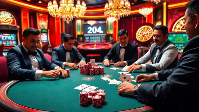 Intense poker gameplay at i9bet with luxury casino elements and vibrant atmosphere.