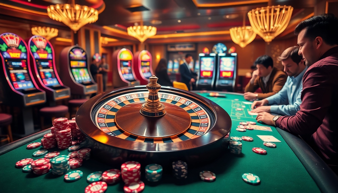 Experience the thrill of gaming at RR88 with a vibrant casino scene of roulette and poker action.