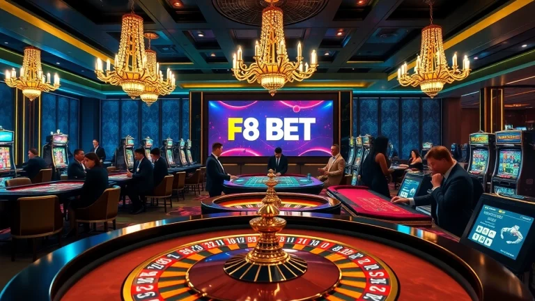 Experience thrilling games at F8 BET with vibrant casino tables, captivating slot machines, and excited players in a luxurious setting.