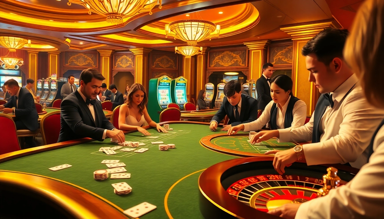 KJC casino scene with luxurious tables, engaging gamblers, and vibrant slot machines.