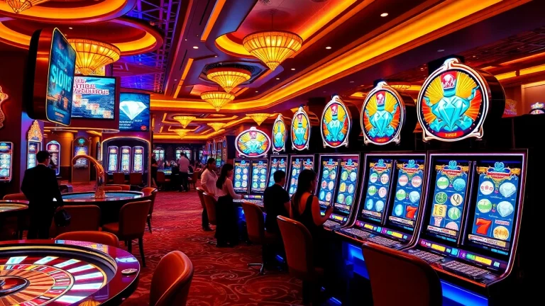 Players engaging in Slot Online games amidst a vibrant casino atmosphere, featuring bright slot machines.