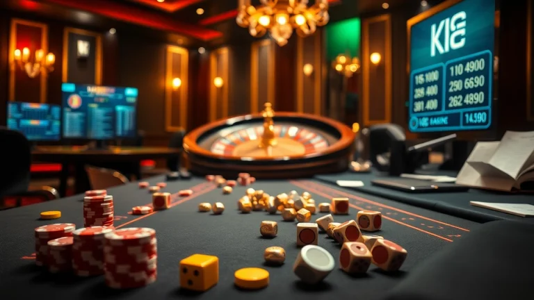KJC offers a luxurious gaming experience with vibrant poker chips and sparkling dice on a casino table.