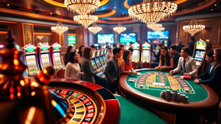 KJC players engaging in a thrilling online casino experience with vibrant roulette and poker tables.