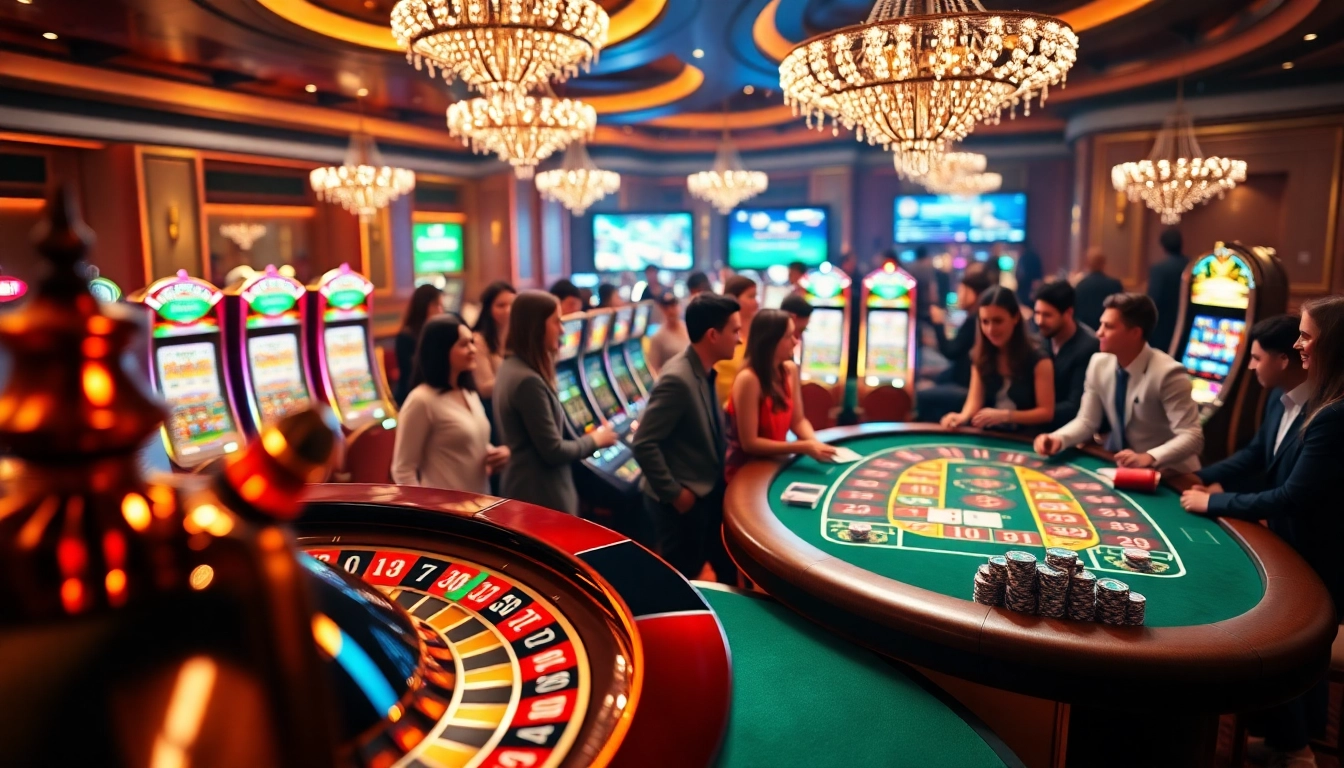 KJC players engaging in a thrilling online casino experience with vibrant roulette and poker tables.