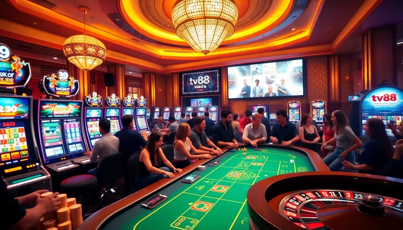 Experience the thrill of casino action at tv88 with vibrant poker and slot game visuals.