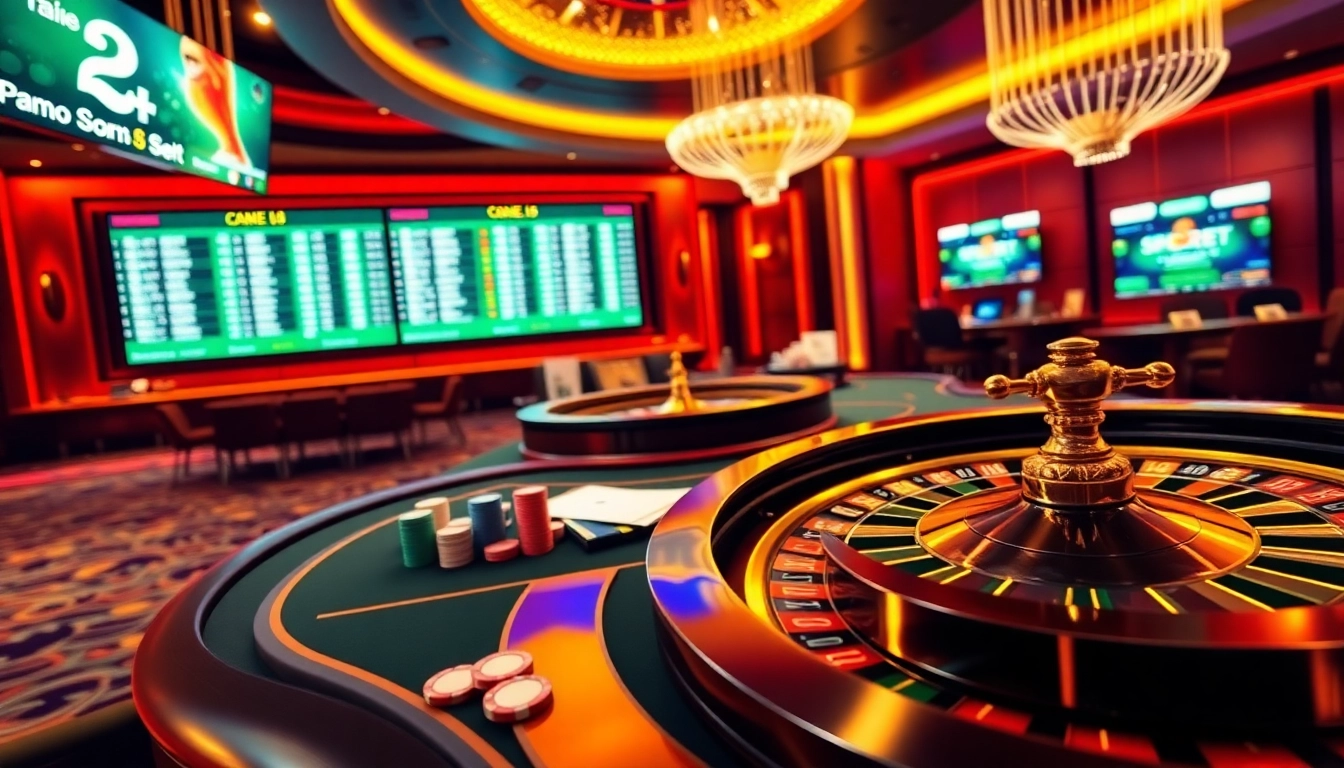 Experience thrilling online gambling at https://rr88.auction/ with a vibrant casino scene featuring gaming tables and lively sports betting.