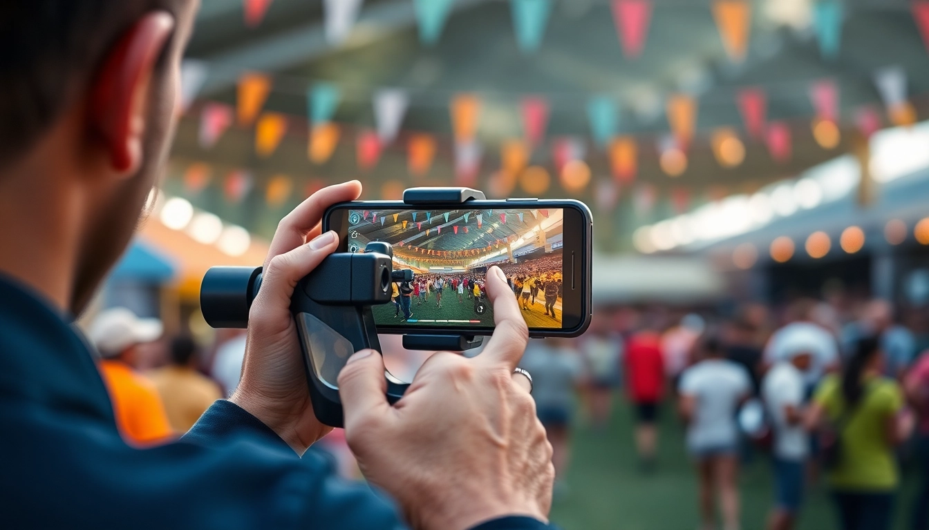 Smartphone-Gimbal stabilizing video during a thrilling outdoor event for smooth, professional footage.
