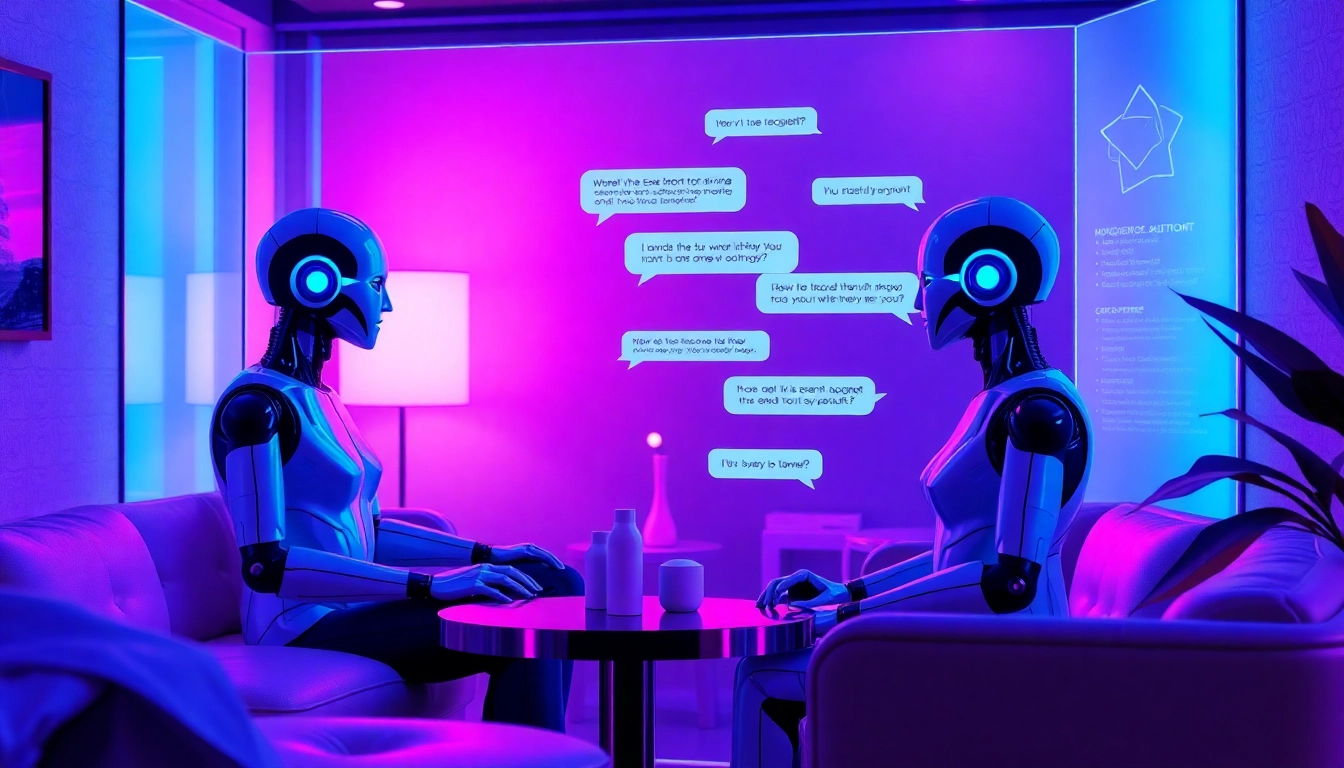 Engaging ai sex chat interaction between user and AI avatars in a modern lounge.