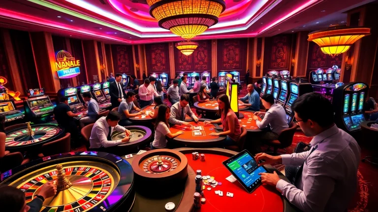 Experience thrilling gambling action at https://f8bet11.net/ featuring poker chips, roulette wheels, and excited players.