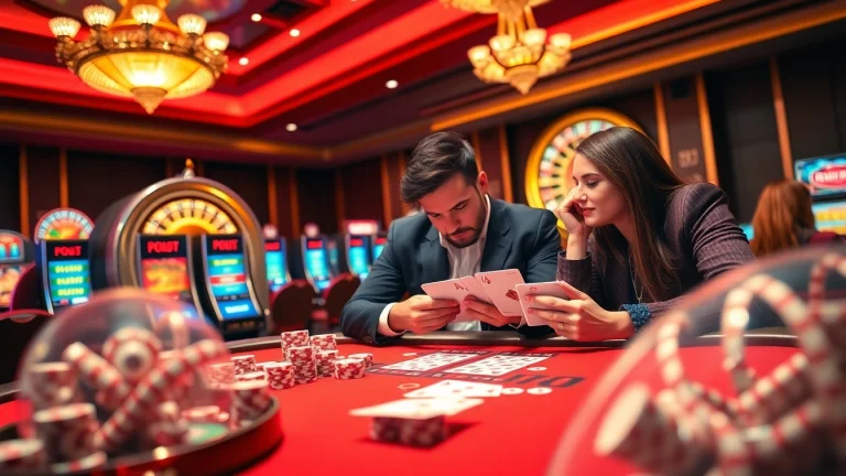Engaged players at QQ888 evaluate cards at a luxury casino poker table.