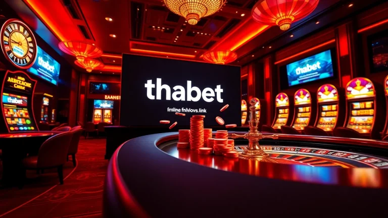 Engaging scene of online gambling featuring thabet link on a sleek interface among poker chips and roulette wheels.