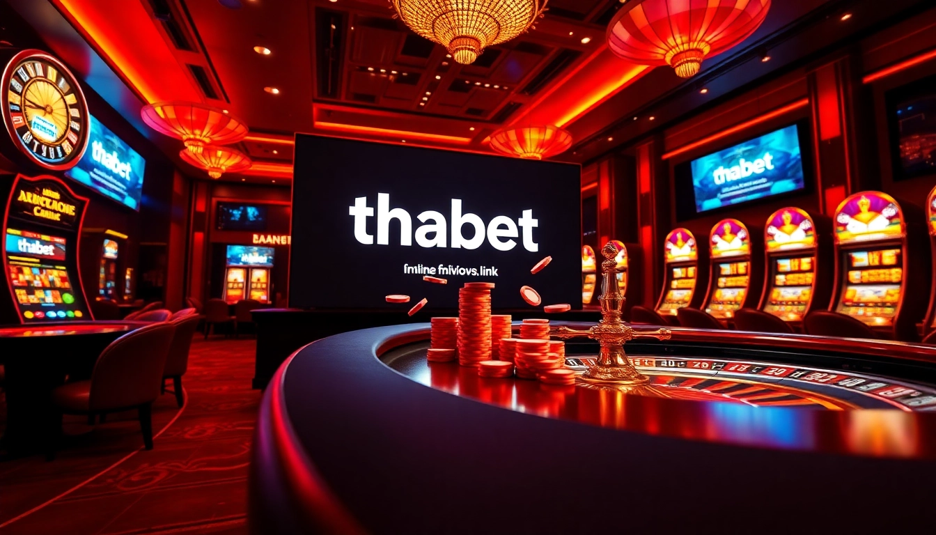 Engaging scene of online gambling featuring thabet link on a sleek interface among poker chips and roulette wheels.