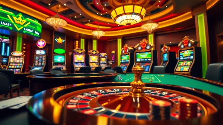 Experience thrilling gaming at https://king88.limited/ with casino tables, poker chips, and vibrant slot machines.