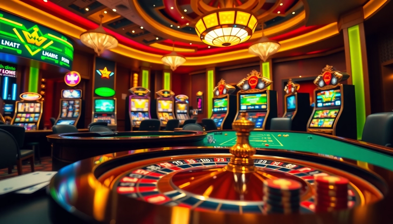 Experience thrilling gaming at https://king88.limited/ with casino tables, poker chips, and vibrant slot machines.