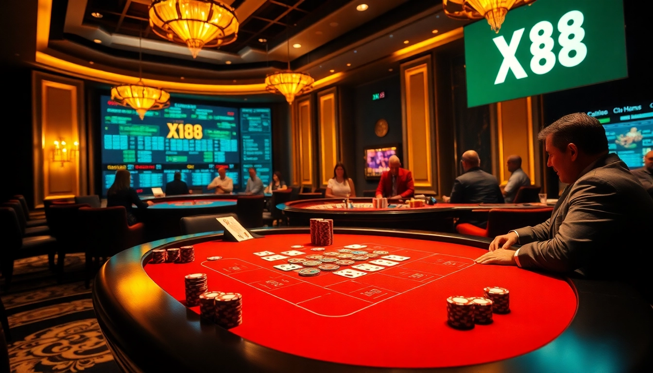 High-stakes poker at XX88 casino with vibrant colors and luxurious atmosphere.
