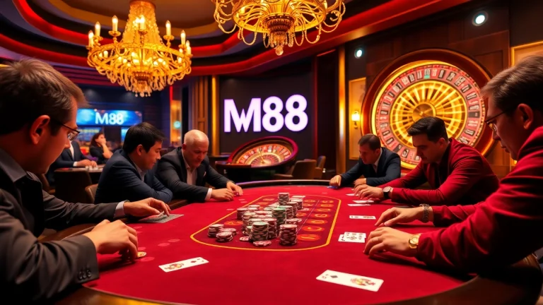 M88 casino poker players strategizing at a vibrant table with colorful chips and cards.