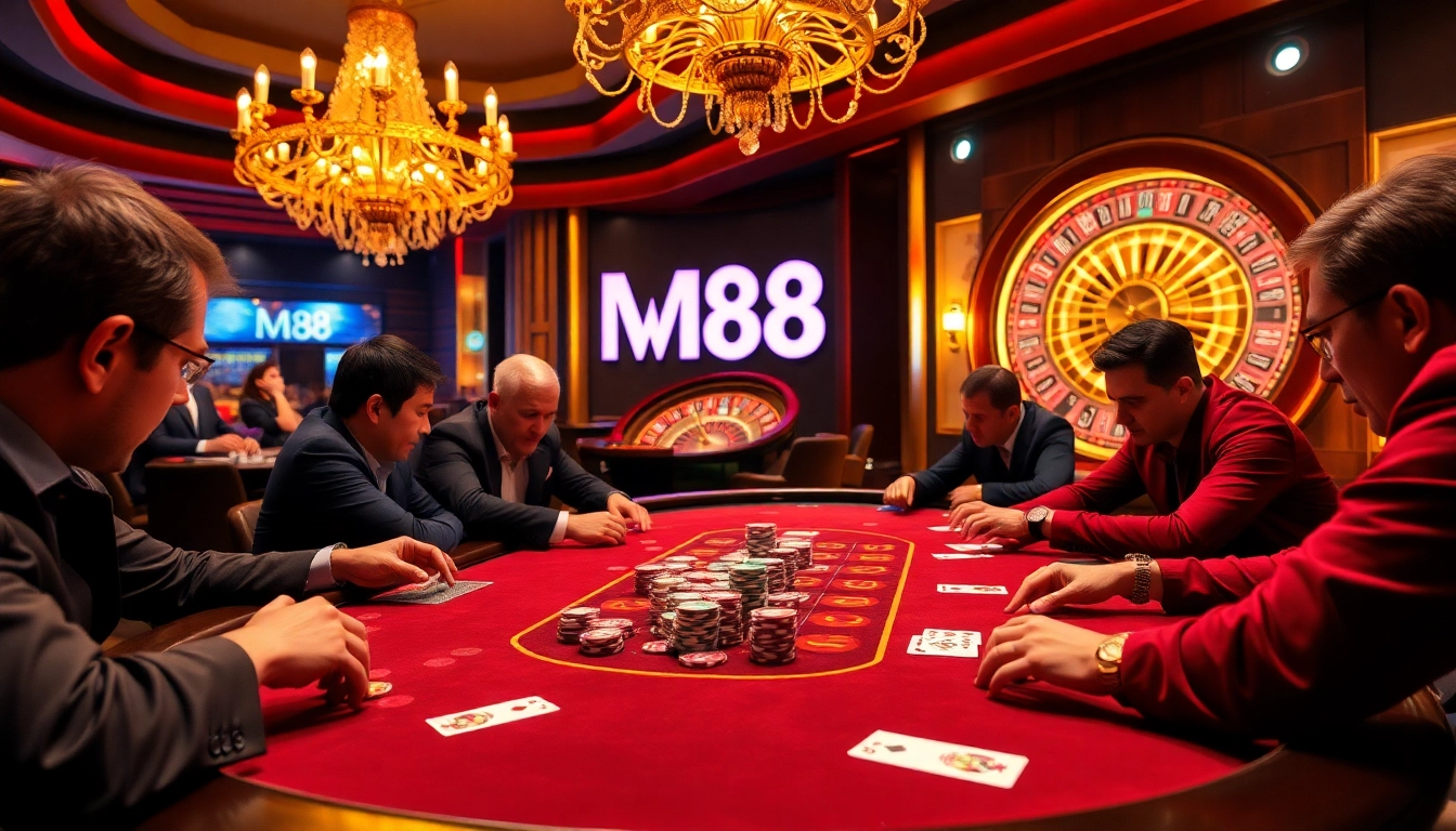 M88 casino poker players strategizing at a vibrant table with colorful chips and cards.