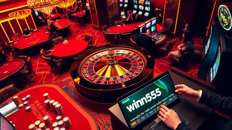 Excited players rolling dice and betting at a casino with win55 branding.