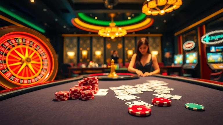 Vibrant casino scene showcasing OK365 Trang chủ, with poker chips and cards on a table, reflecting excitement.