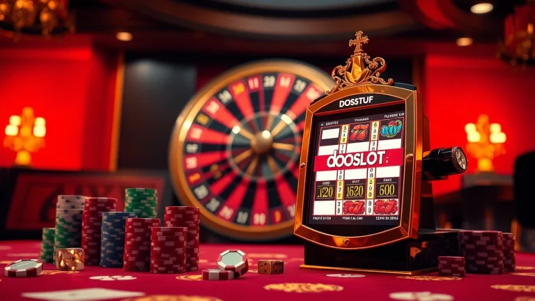 Play the doaslot machine amid vibrant casino ambiance with roulette wheels and poker chips.