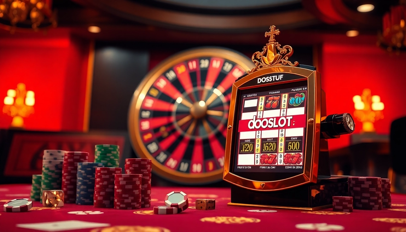 Play the doaslot machine amid vibrant casino ambiance with roulette wheels and poker chips.