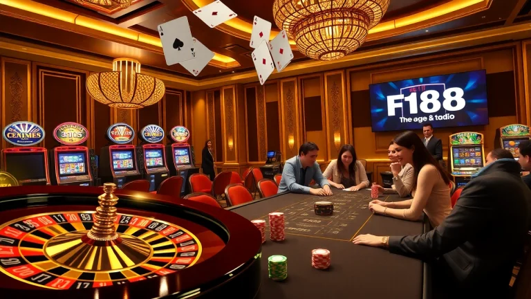 Experience winning at F168 with vibrant casino visuals including roulette, poker chips, and joyful players.