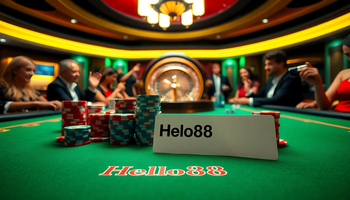 Experience thrilling gameplay at Hello88 Casino with vibrant poker tables and colorful chips.