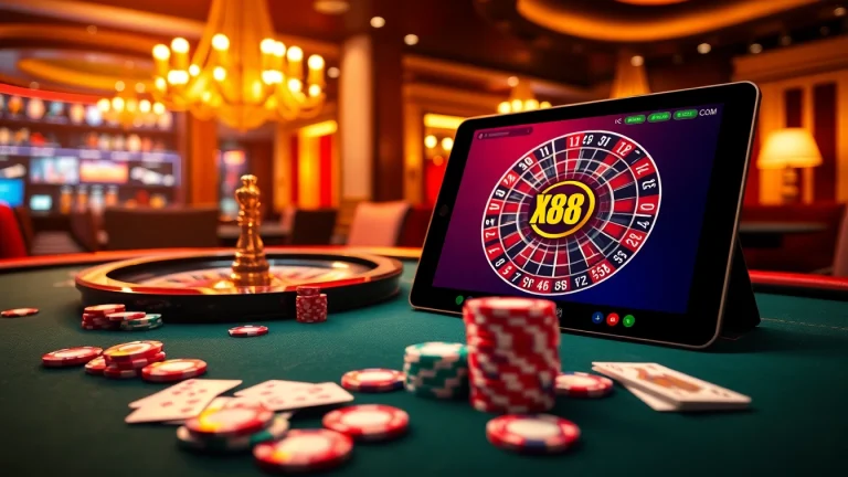 Engaging gambling action at XX88.COM with vibrant poker chips and a roulette wheel in an elegant casino setting.