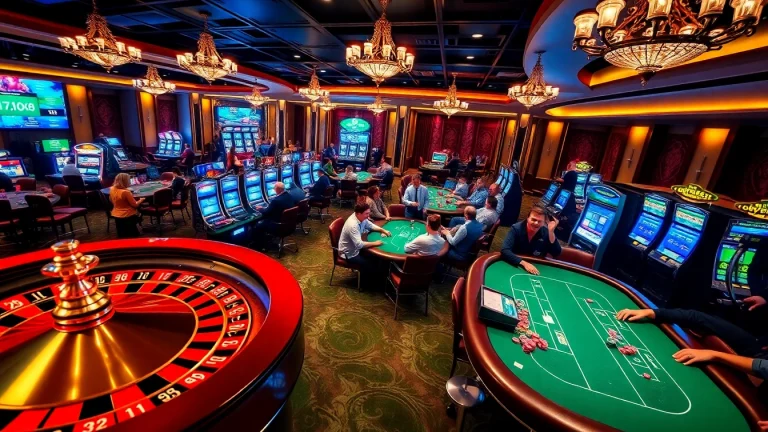 Players enjoying casino games at go99.com, showcasing slot machines, poker chips, and a roulette wheel in a luxurious setting.