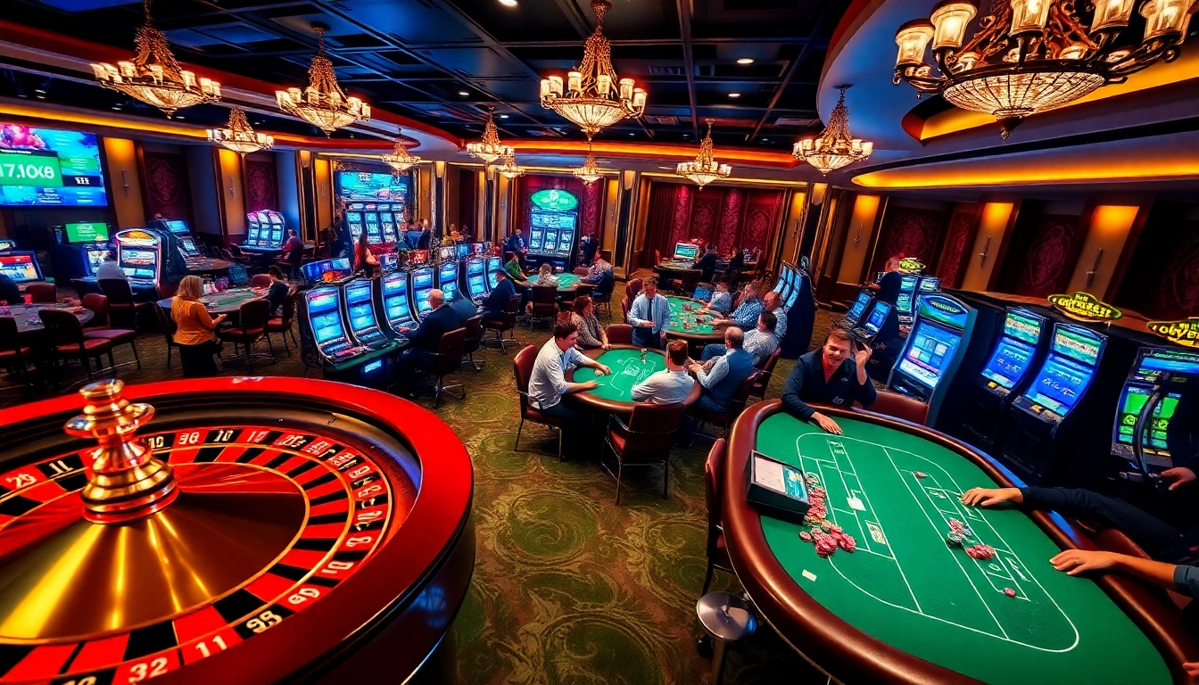 Players enjoying casino games at go99.com, showcasing slot machines, poker chips, and a roulette wheel in a luxurious setting.