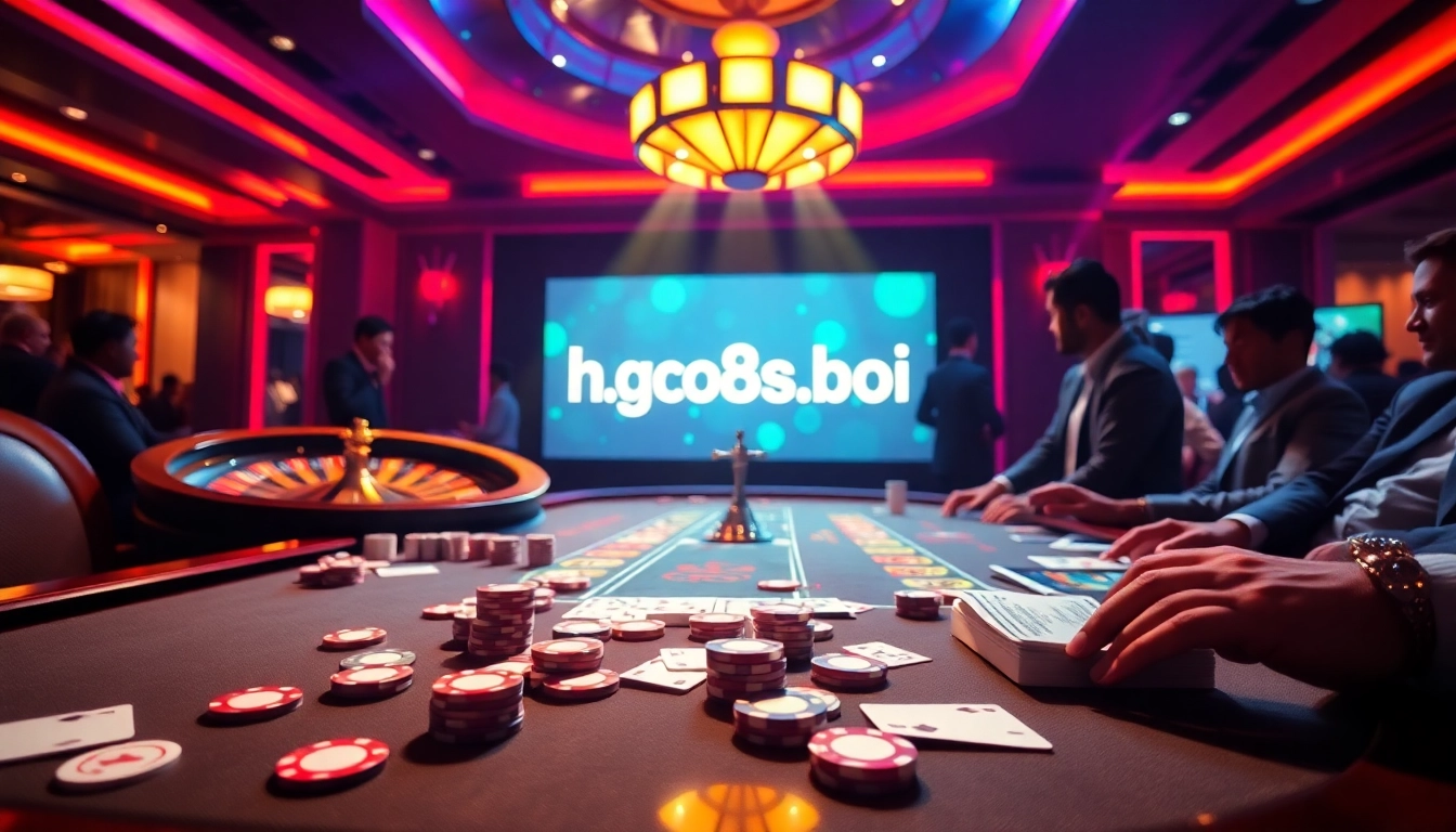 Engage with thrilling casino action at https://go8s.bio/, featuring a vibrant poker table and roulette wheel.