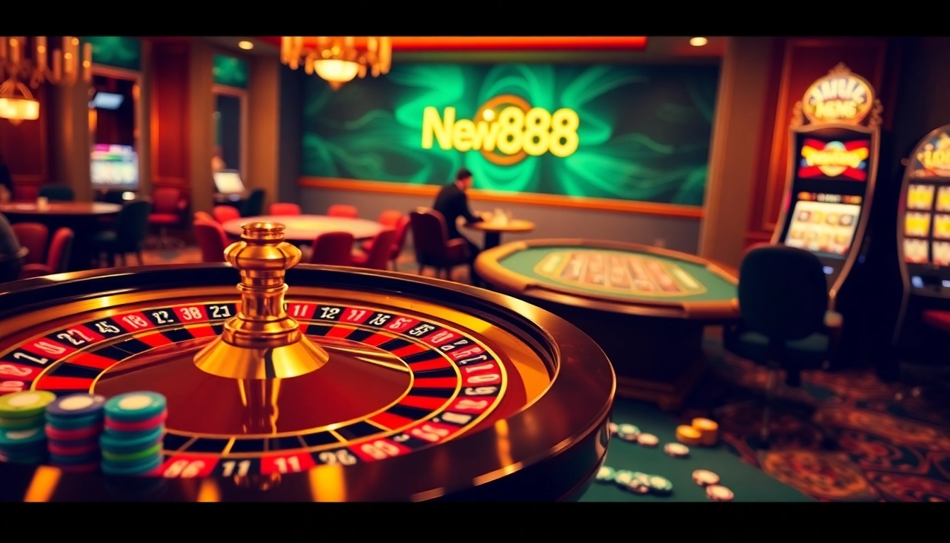 Exciting gambling action featuring New888's roulette wheel and vibrant casino environment