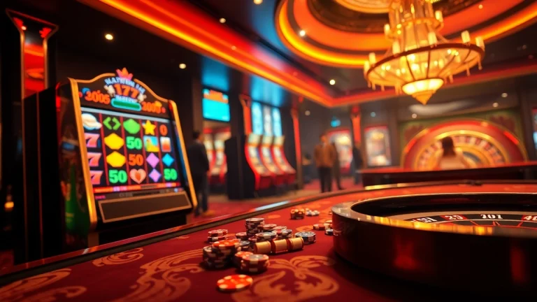 Experience the excitement of nổ hũ as players engage with colorful slot machines in a vibrant casino setting.