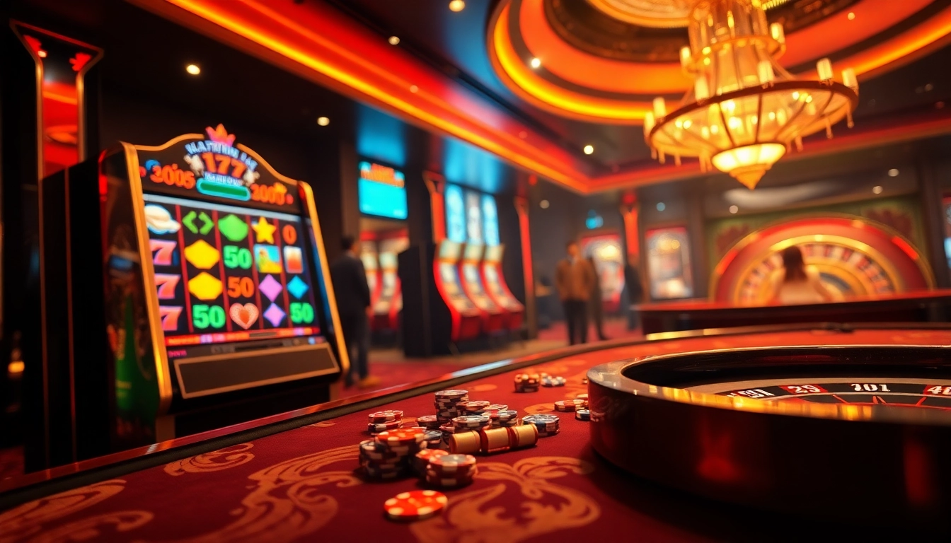 Experience the excitement of nổ hũ as players engage with colorful slot machines in a vibrant casino setting.
