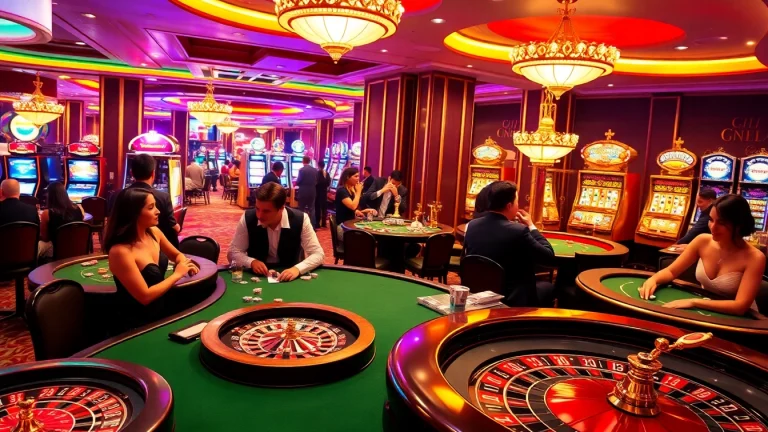 Experience gaming excitement at http://789clubar.com/ with players engaging at elegant casino tables and vibrant slot machines.