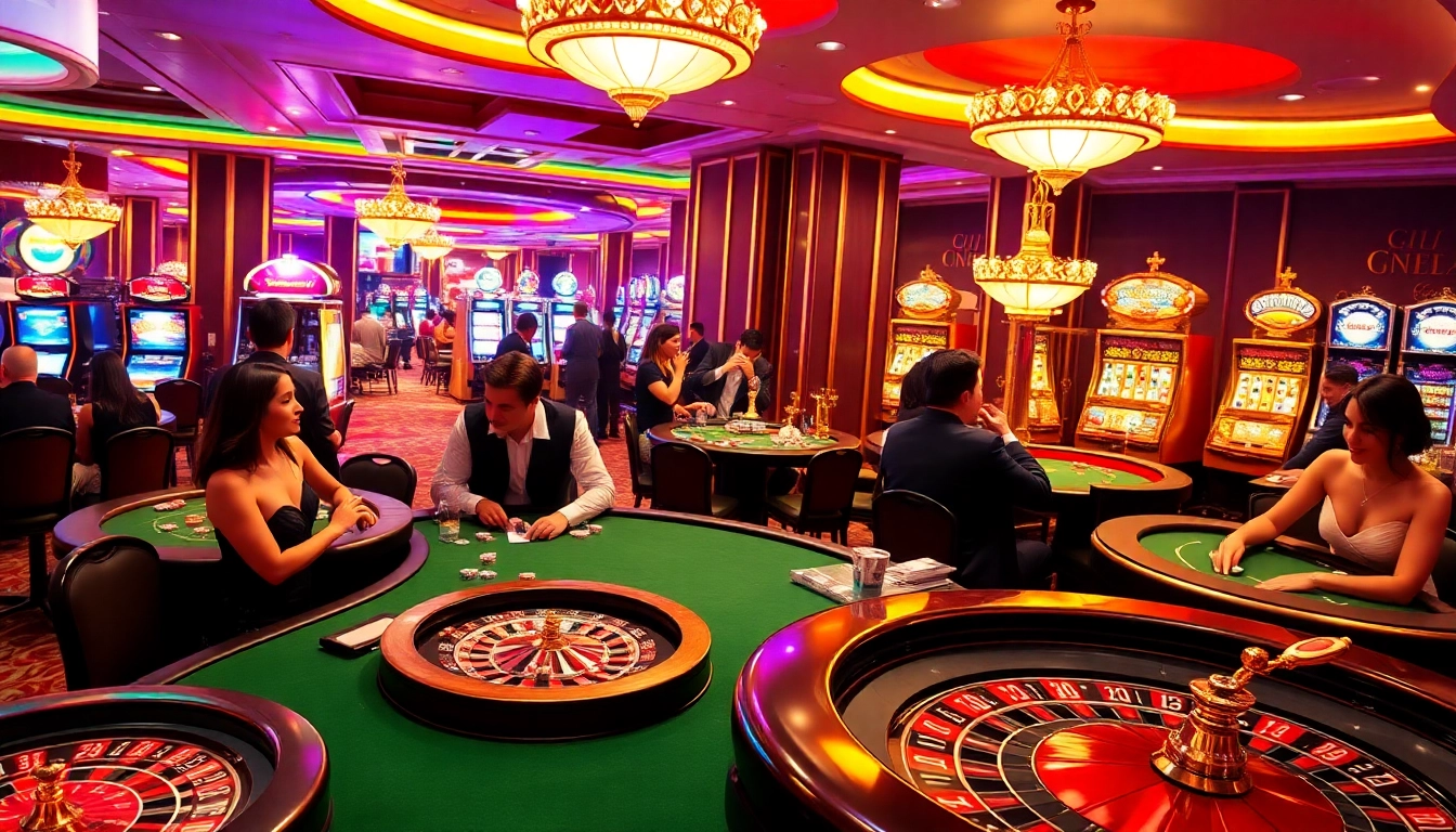 Experience gaming excitement at http://789clubar.com/ with players engaging at elegant casino tables and vibrant slot machines.