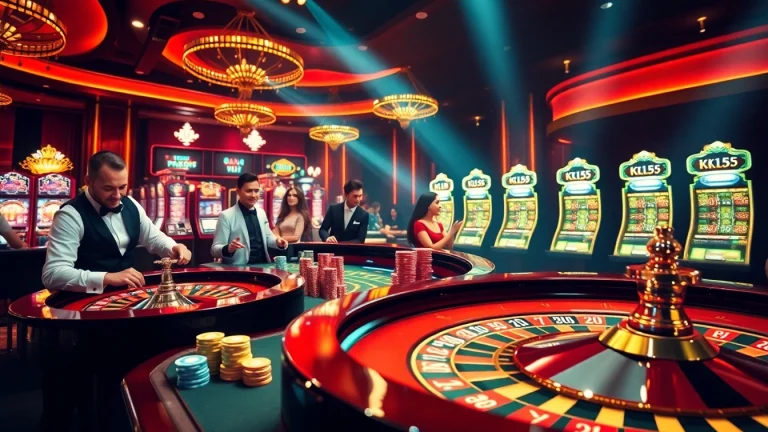 Thrilling casino scene featuring players at a table, engaging in high-stakes gambling with KK55 poker chips.