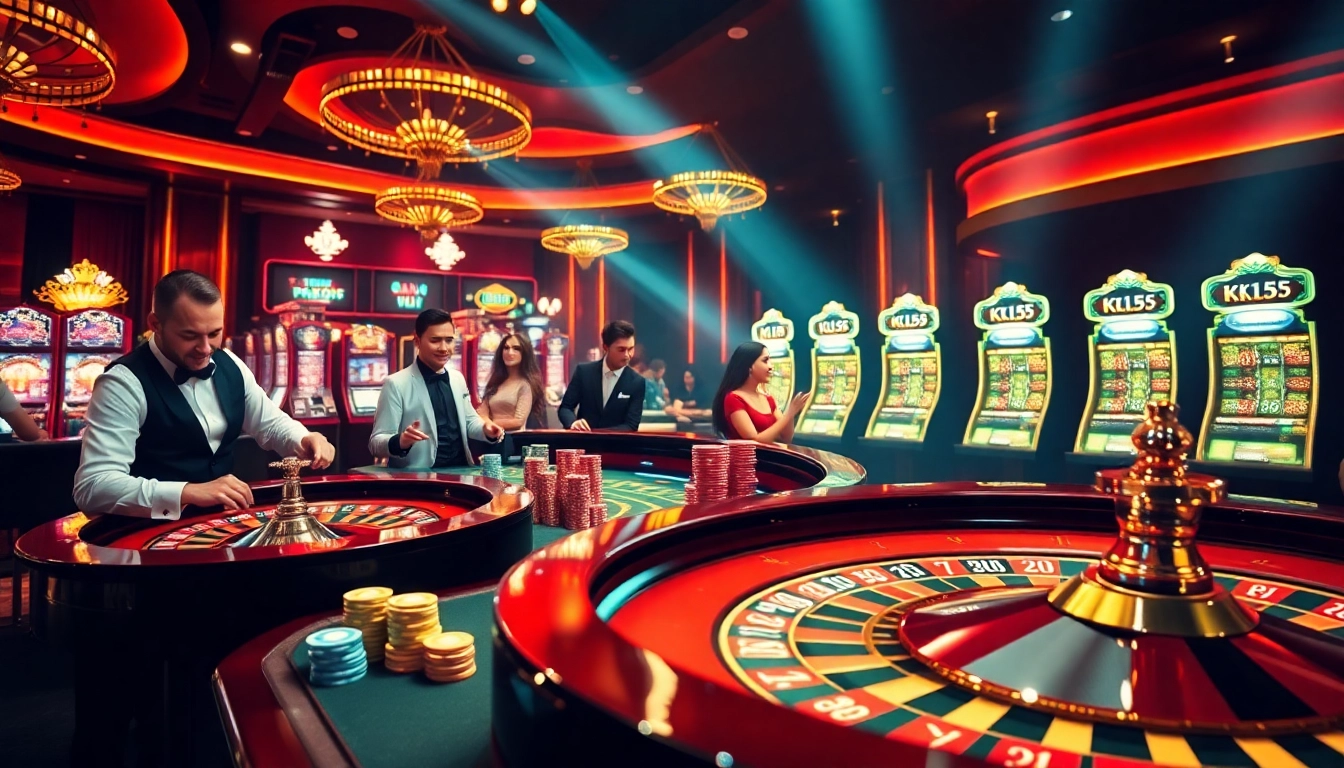 Thrilling casino scene featuring players at a table, engaging in high-stakes gambling with KK55 poker chips.