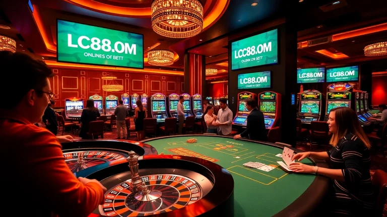 Players celebrating wins at LC88.COM with roulette and poker games in a stunning casino setting.